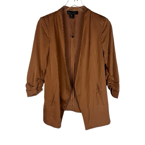 Rachel Zoe Tan Brown Satin Open Front Ruched Sleeves Blazer - Picture 1 of 6